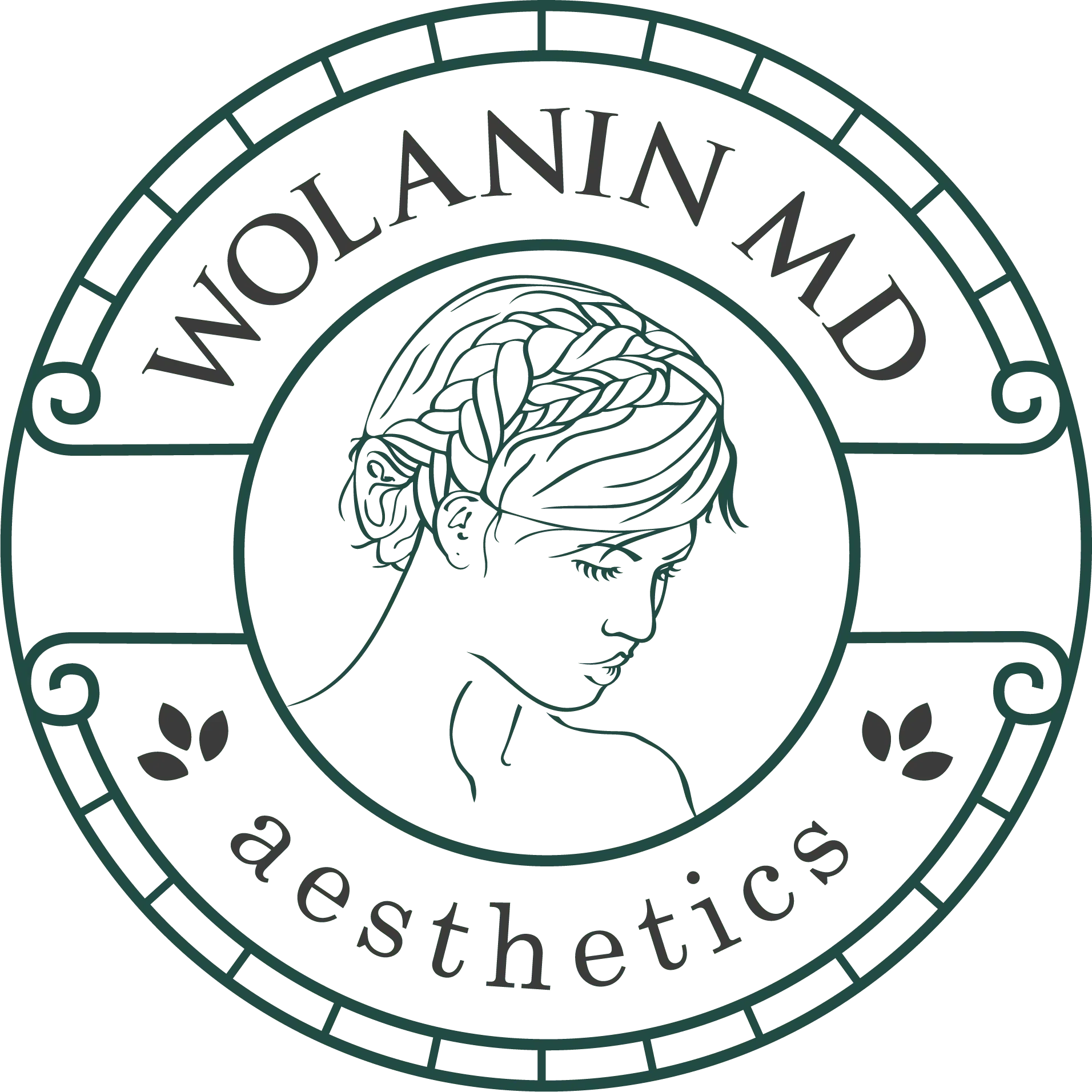 Wolanin MD Ästhetik Logo: Grüner Kreis mit Frauenprofil und Praxisbezeichnung